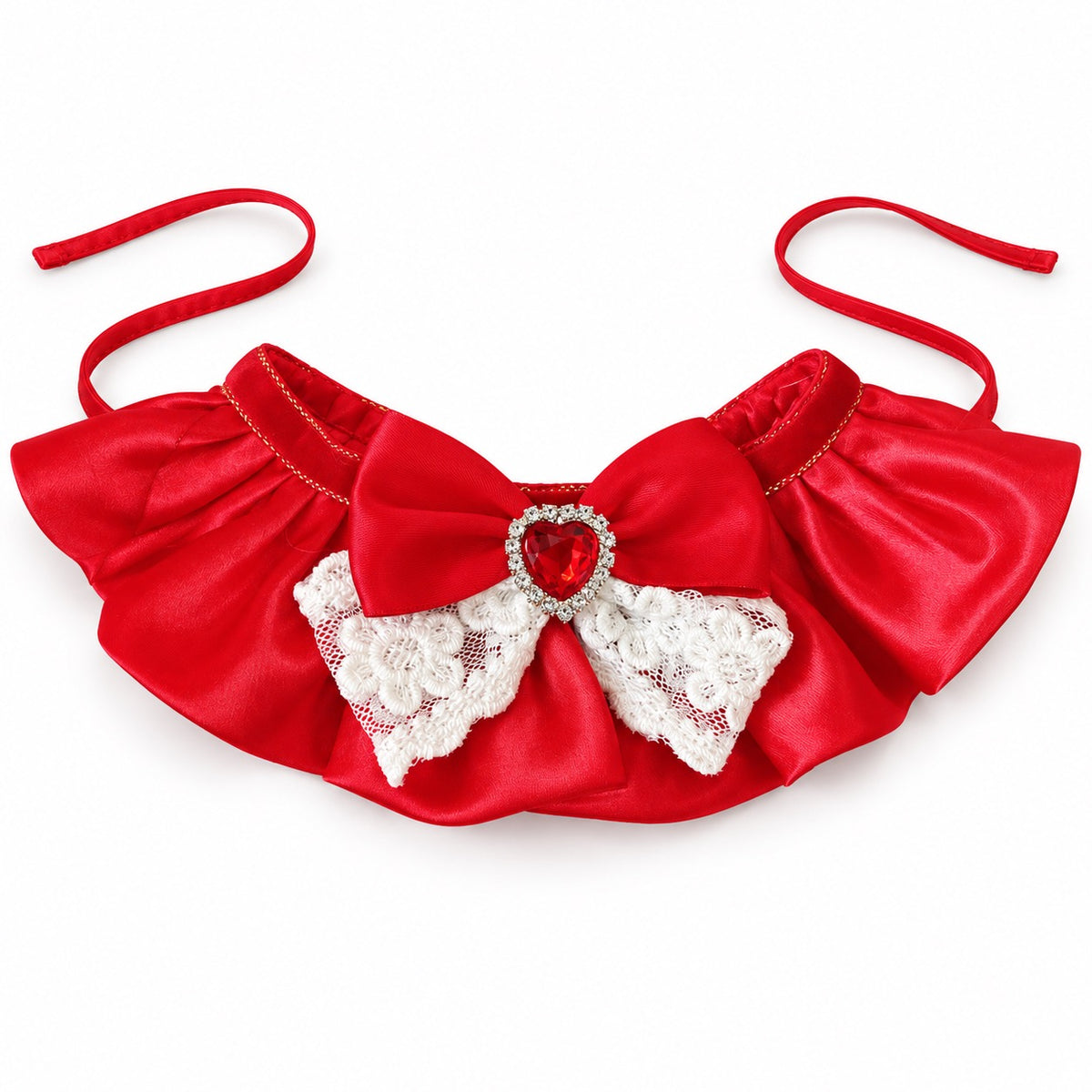 Red Satin Bow Ruffle Collar - Heart Lace Bow