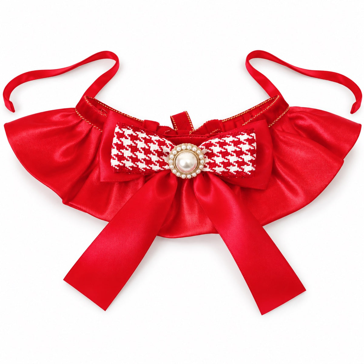Red Satin Bow Ruffle Collar - Houndstooth Pearl Bow