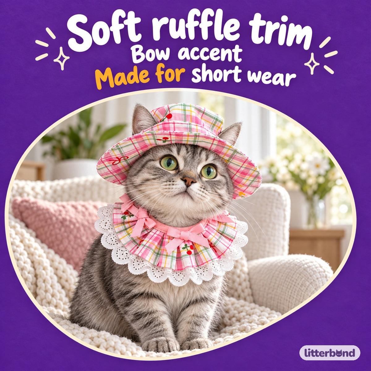 Cherry Plaid Hat Sets for Photos on a cat