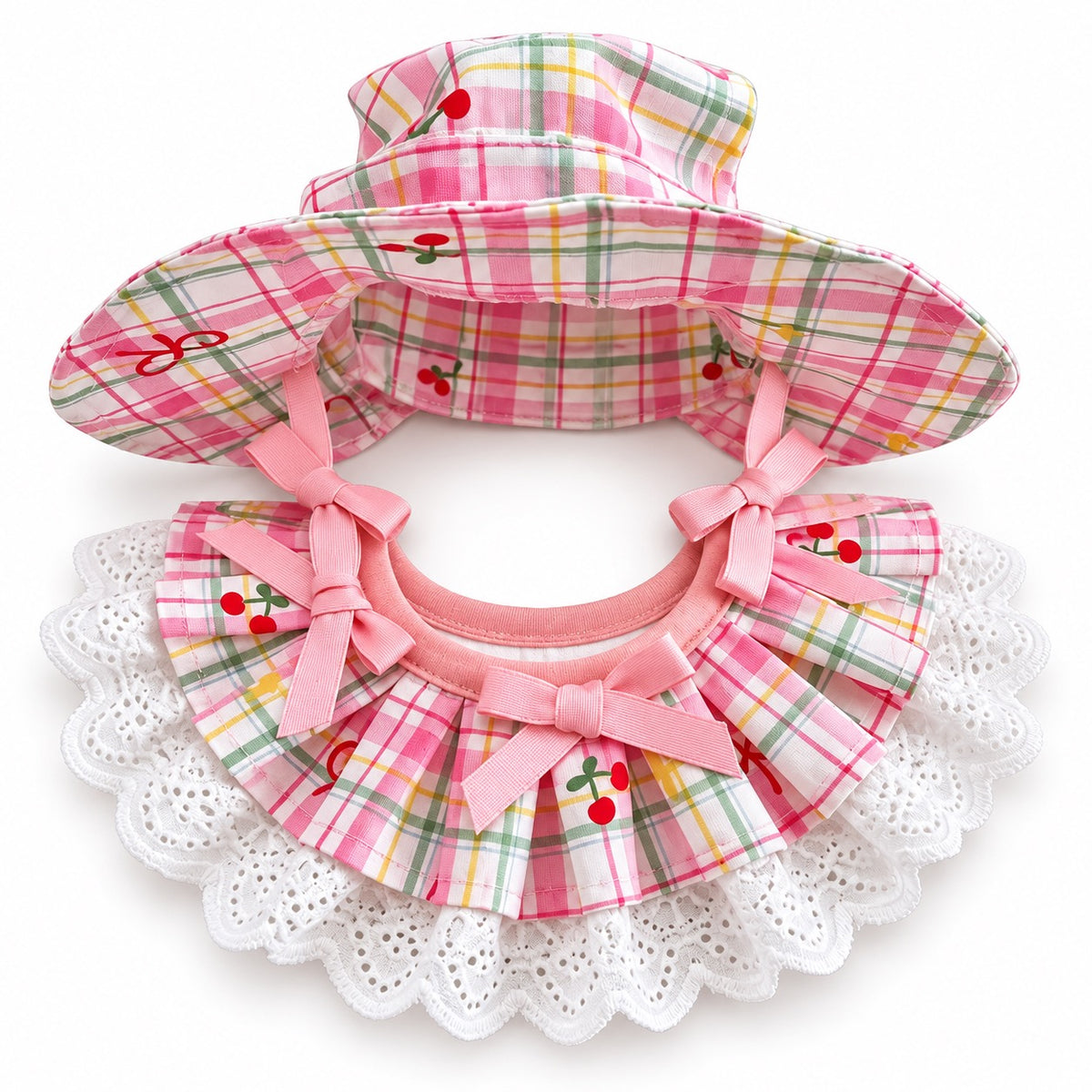 Cherry Plaid Hat Sets for Photos - Cherry Bow Hat and Neck Scarf Set