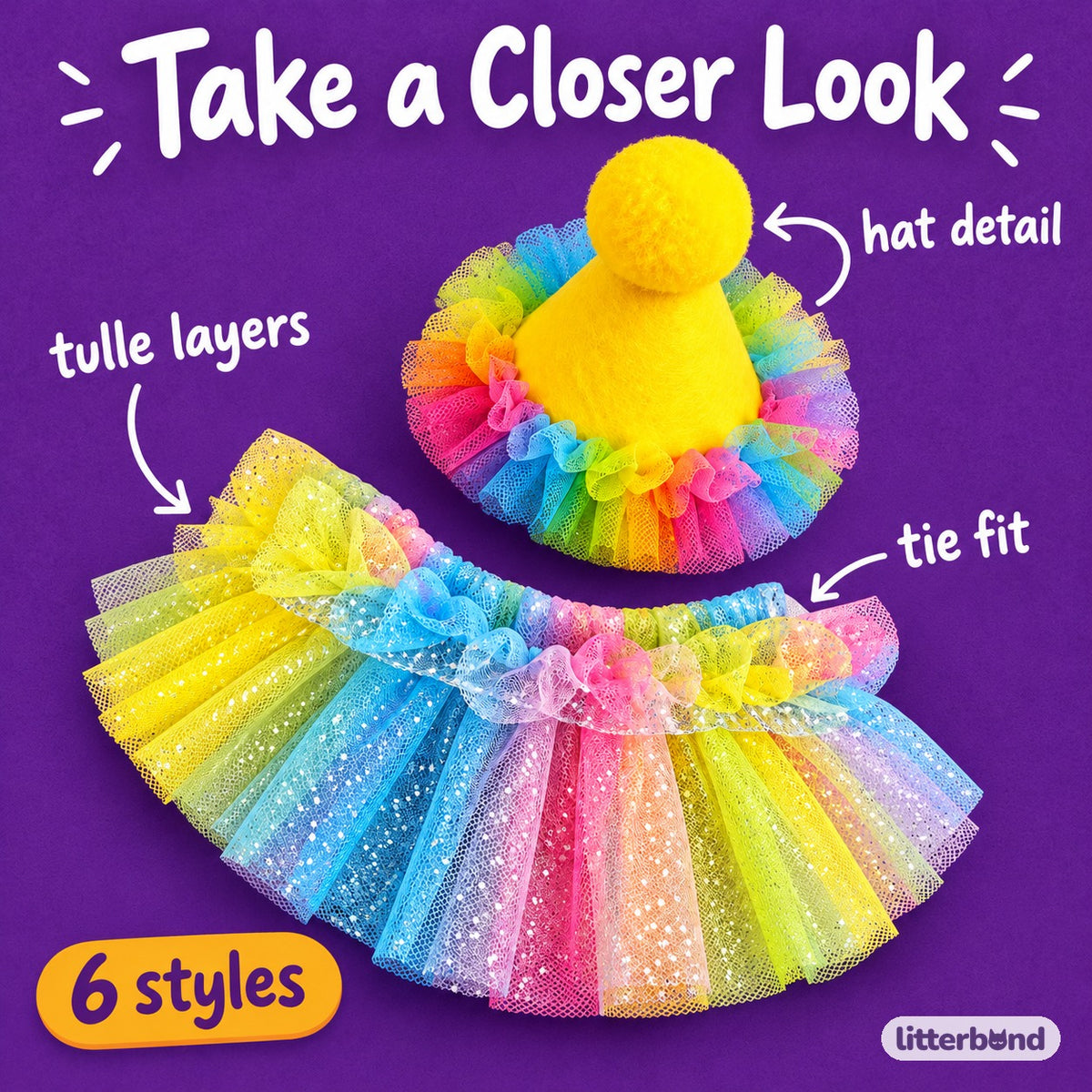 Rainbow Tulle Party Hat Set - close-up details