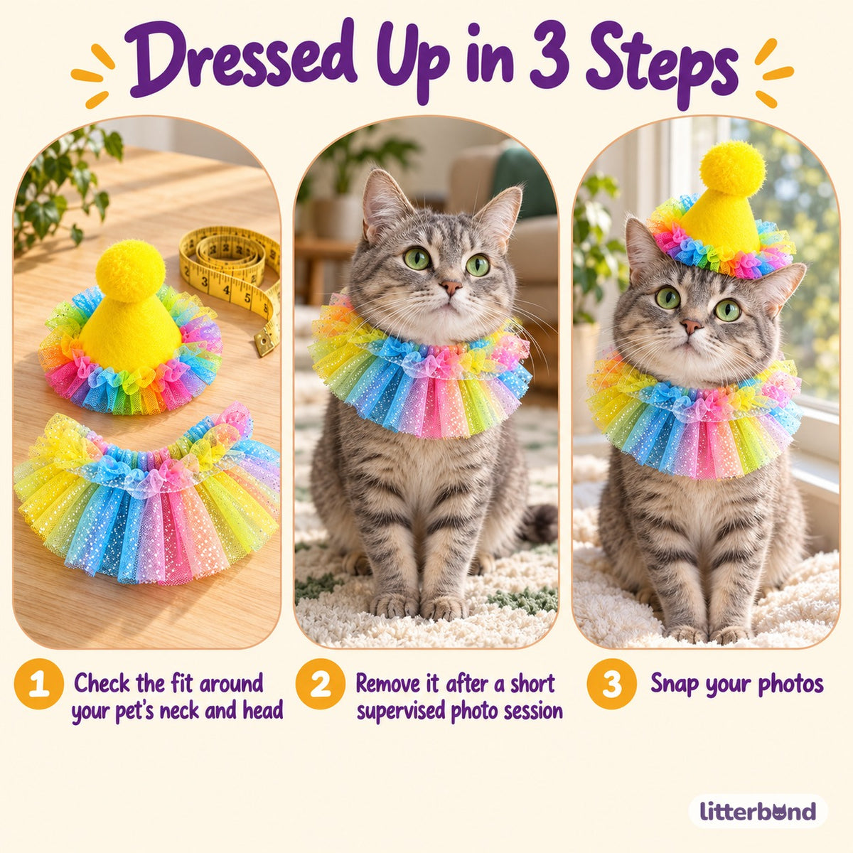 Rainbow Tulle Party Hat Set - how to put it on