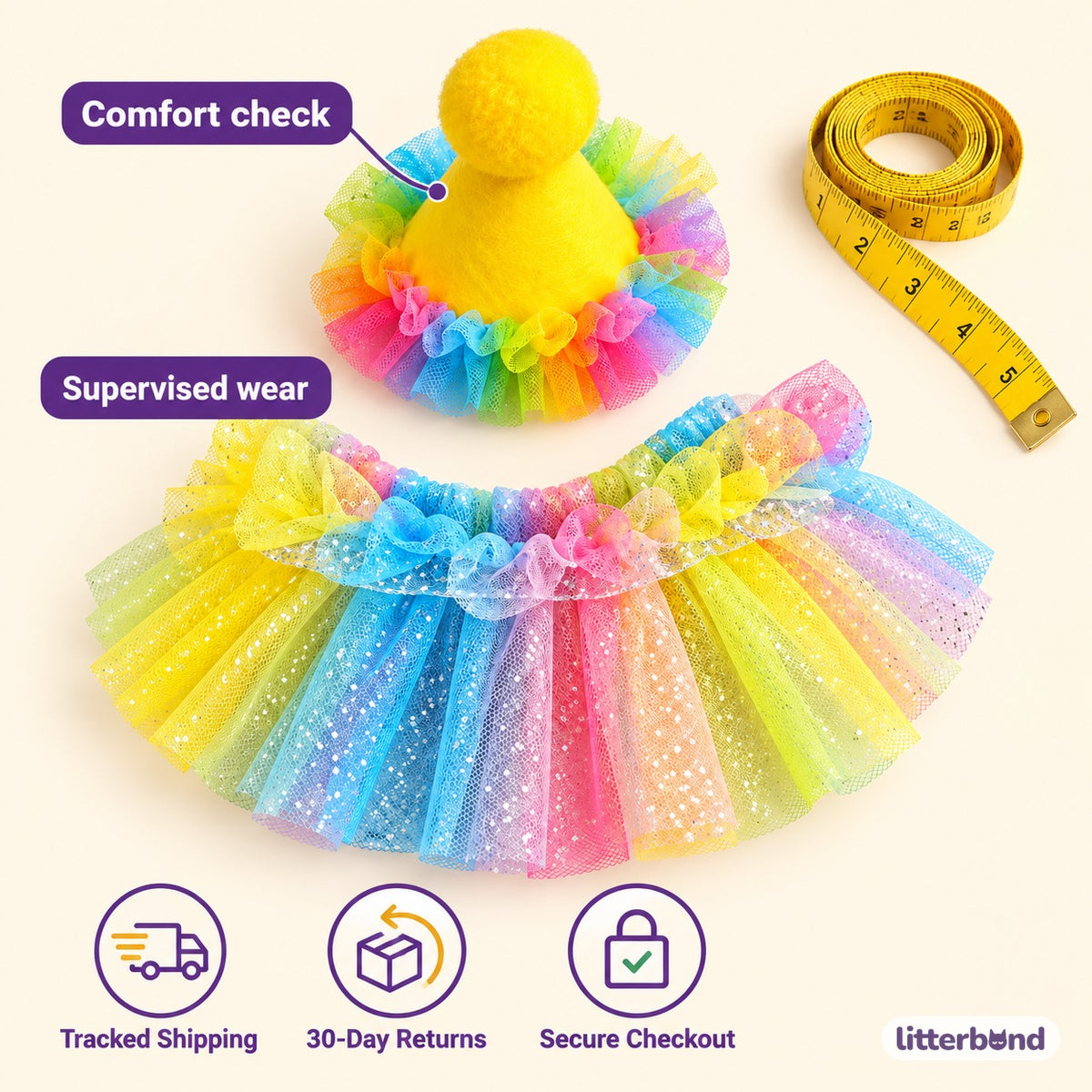 Rainbow Tulle Party Hat Set - size and details