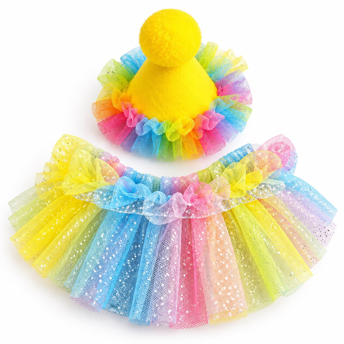 Rainbow Tulle Party Hat Set - Yellow Hat and Collar Set