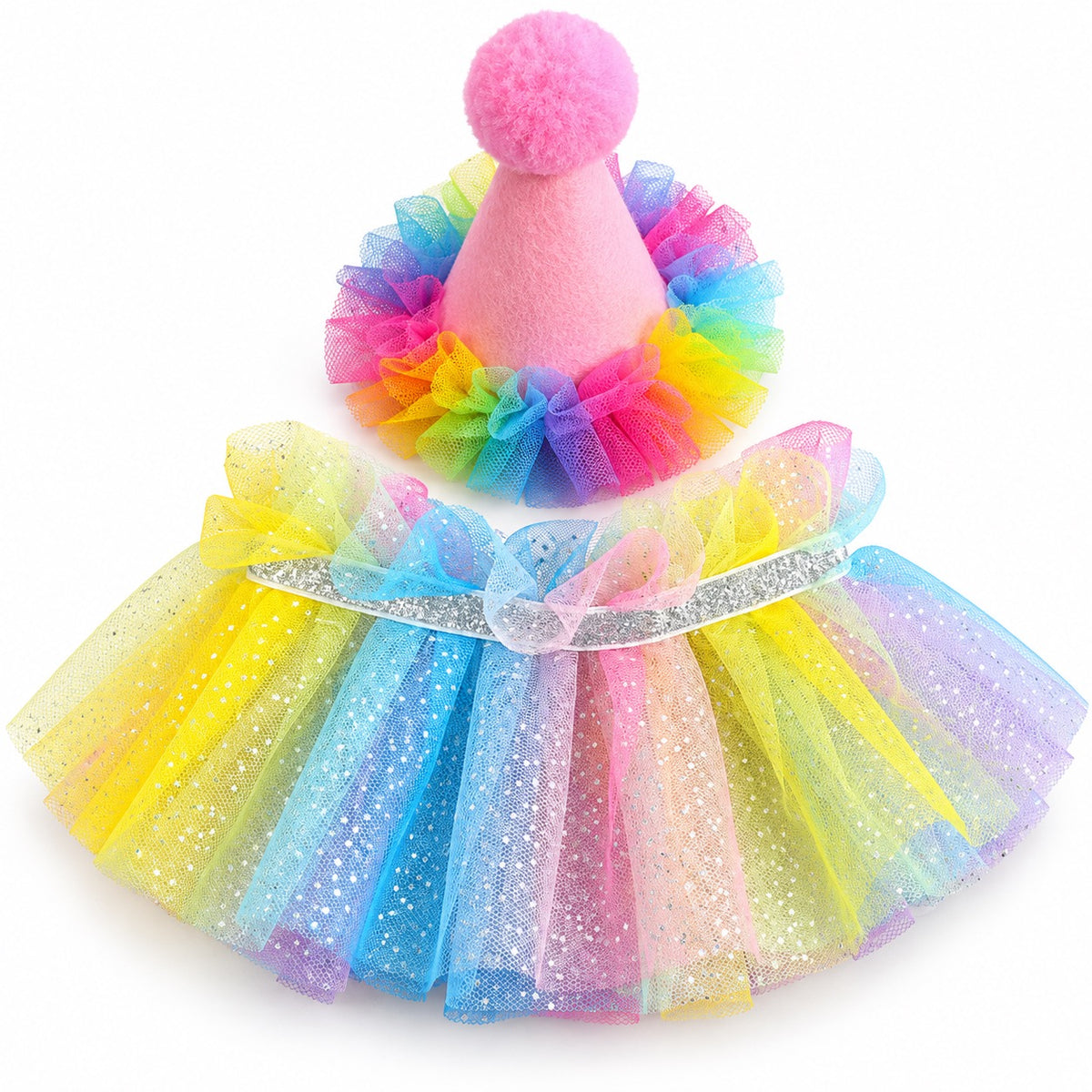 Rainbow Tulle Party Hat Set - Pink Hat and Collar Set