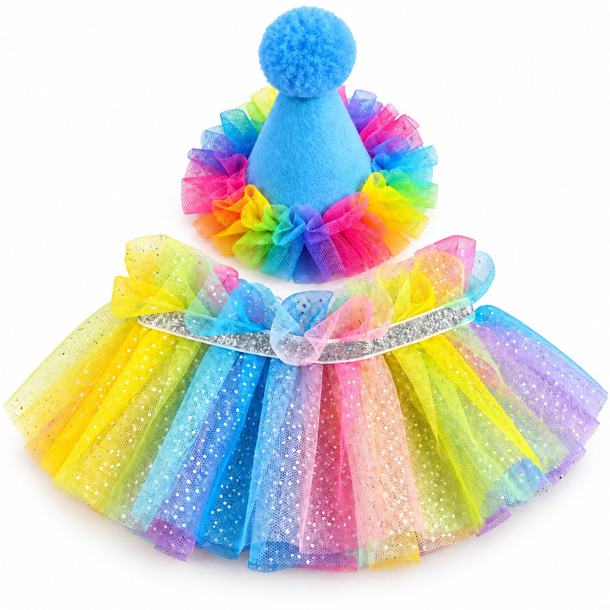 Rainbow Tulle Party Hat Set - Blue Hat and Collar Set