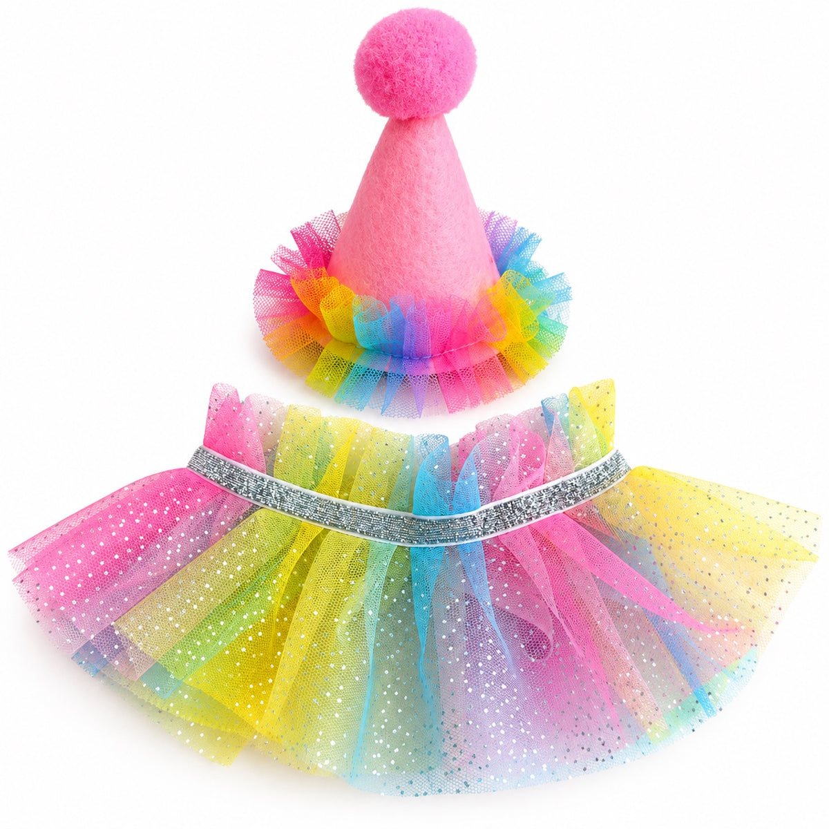 Rainbow Tulle Party Hat Set - Pink Hat with Collar