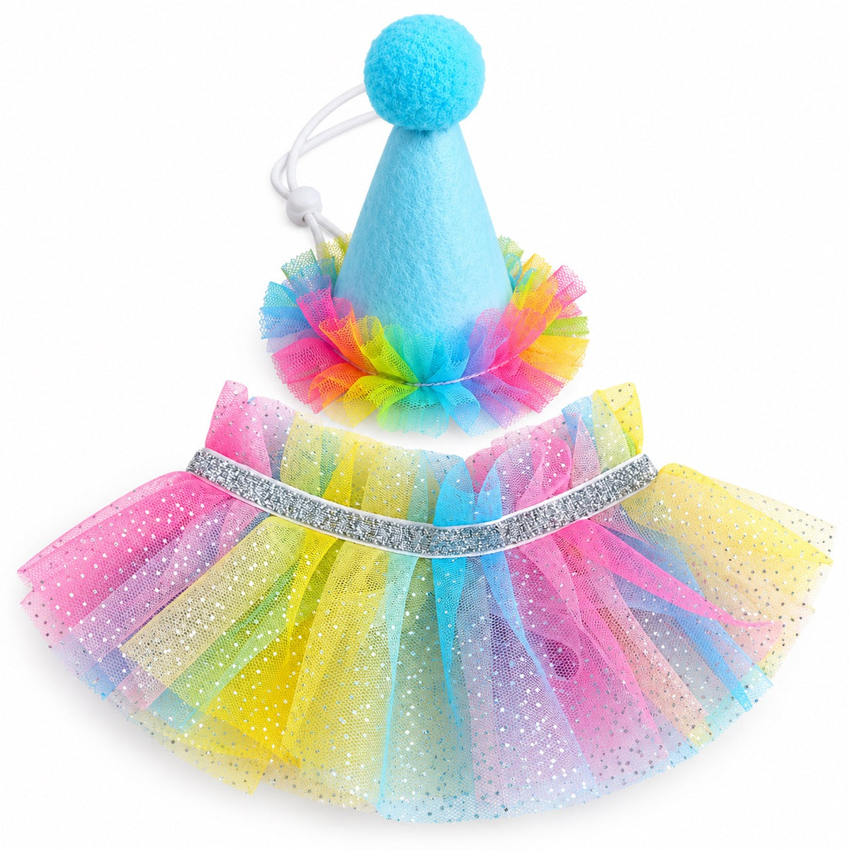 Rainbow Tulle Party Hat Set - Blue Hat with Collar