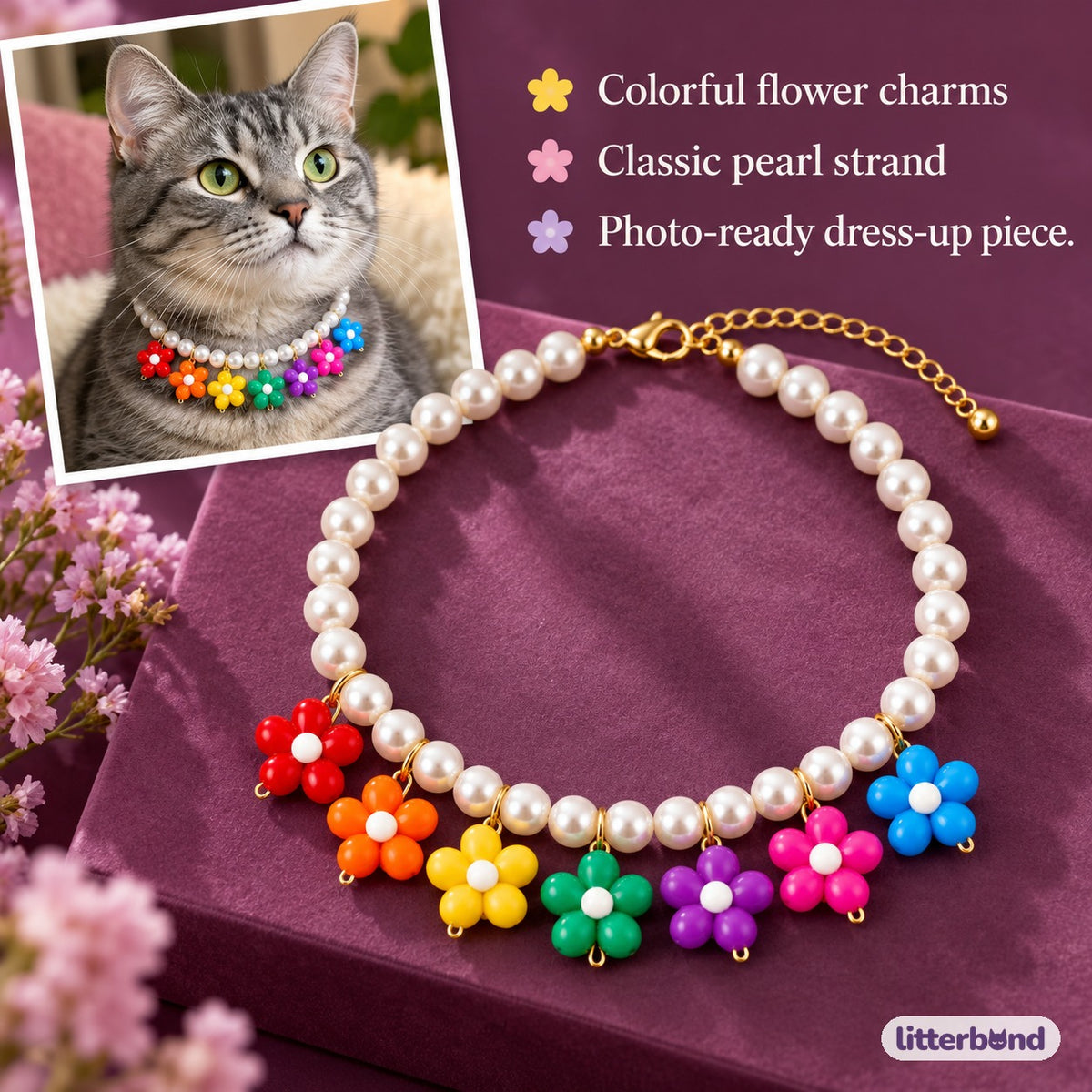 Rainbow Flower Pearl Necklace on a cat