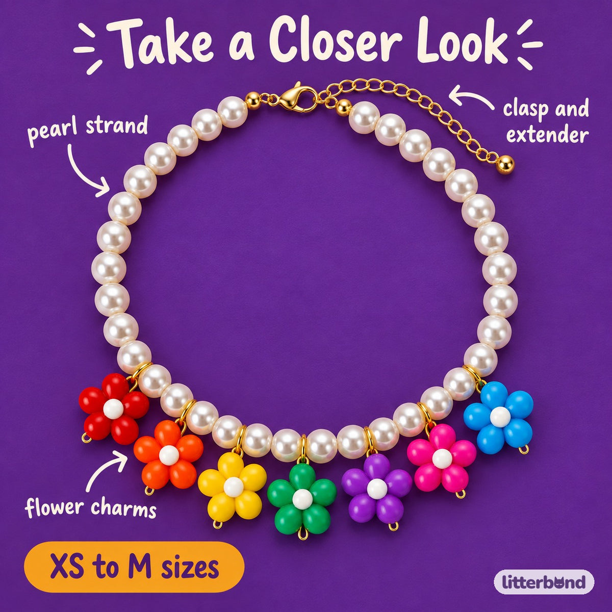 Rainbow Flower Pearl Necklace - close-up details