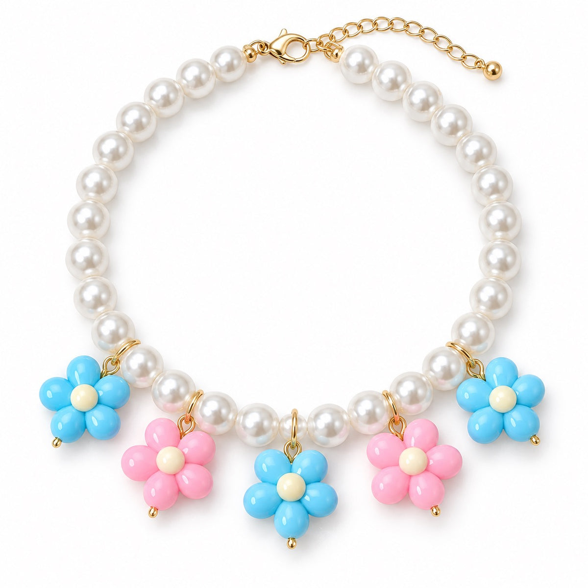 Rainbow Flower Pearl Necklace - Blue Pink Flowers