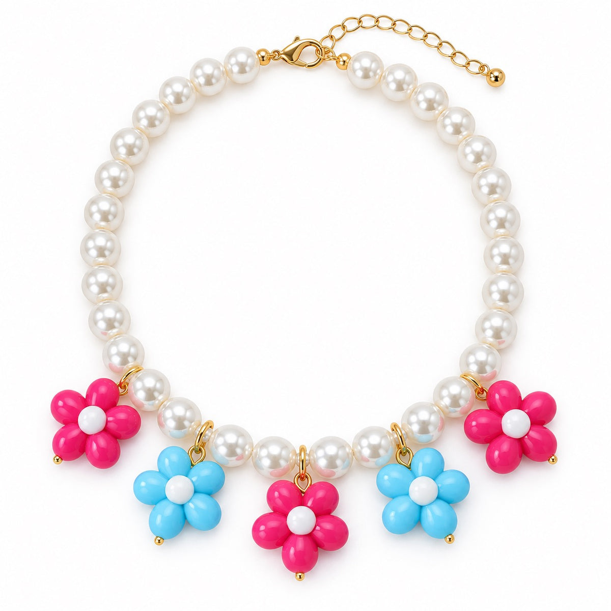 Rainbow Flower Pearl Necklace - Magenta Blue Flowers