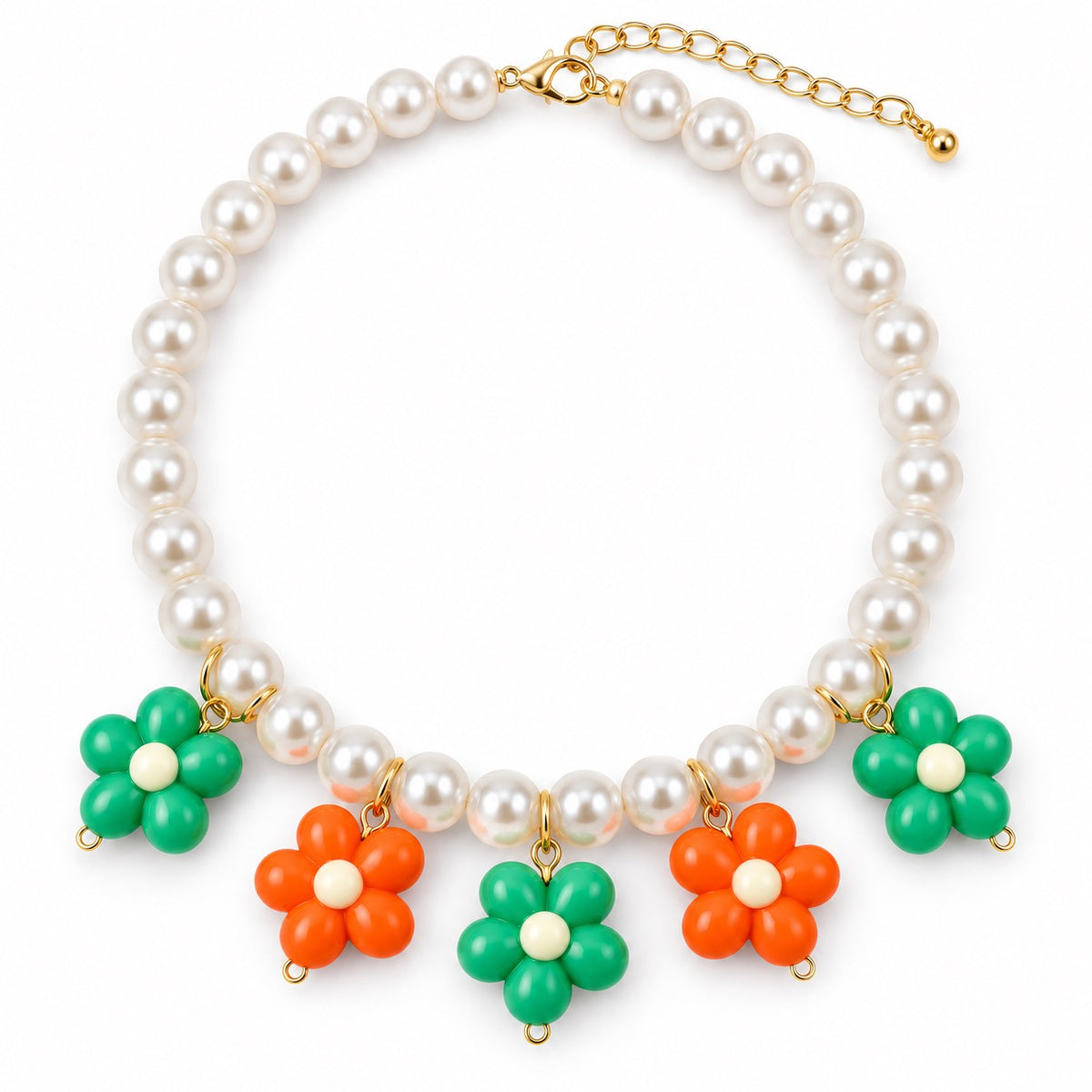 Rainbow Flower Pearl Necklace - Orange Green Flowers