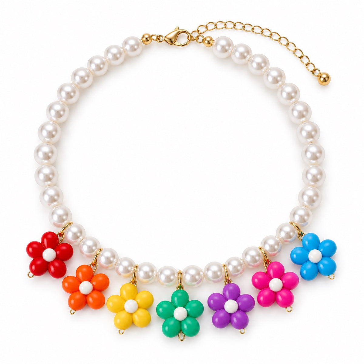 Rainbow Flower Pearl Necklace - Rainbow Flowers