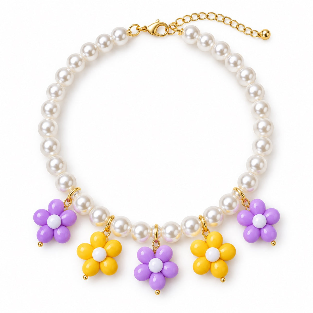 Rainbow Flower Pearl Necklace - Yellow Purple Flowers