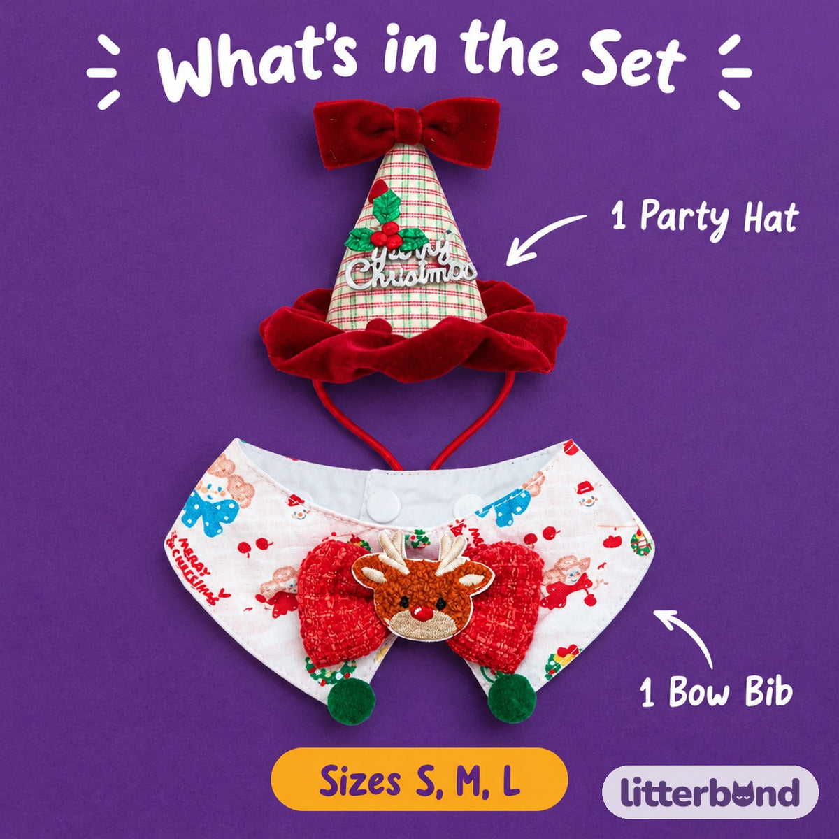Christmas Party Hat & Bow Bib Set closer look