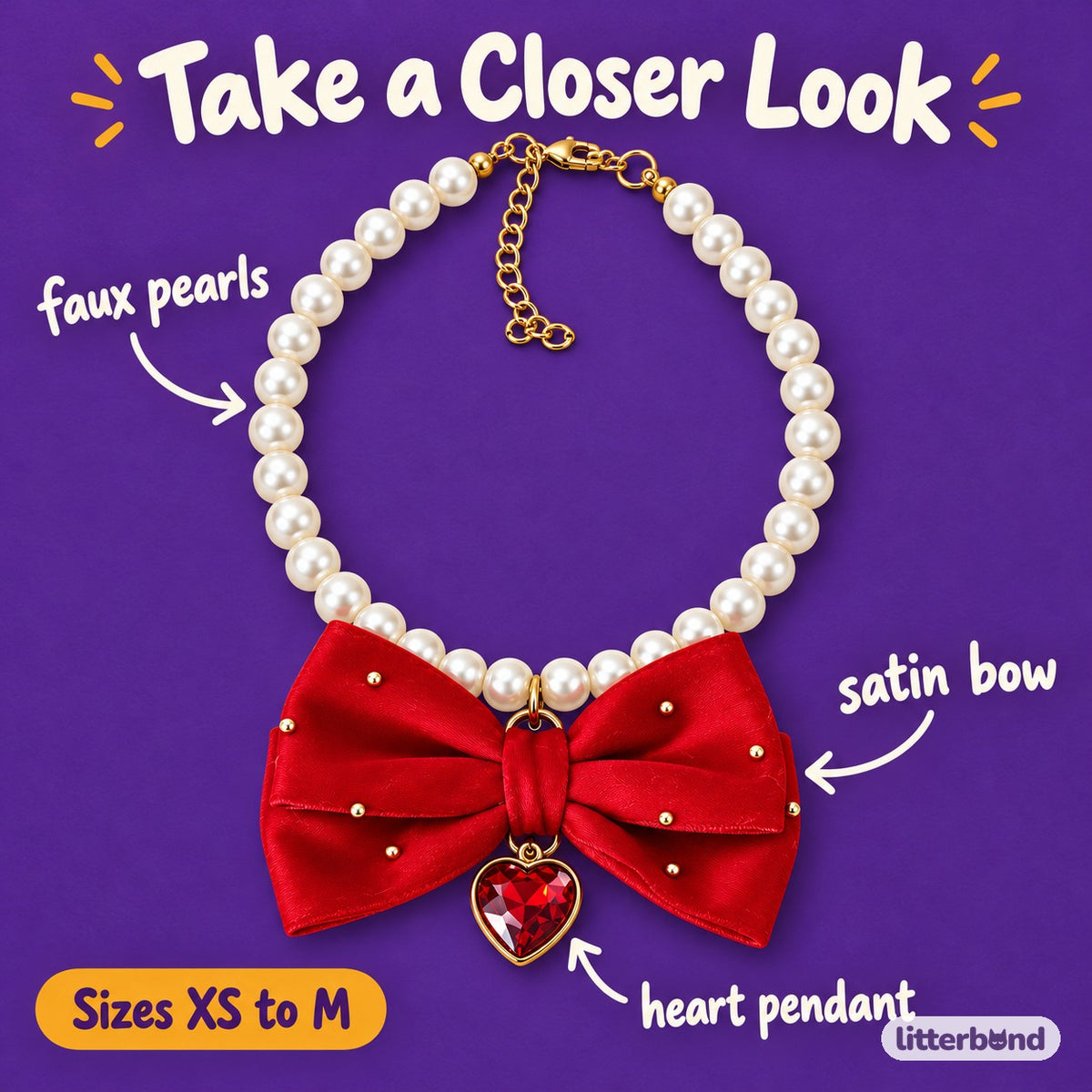 Satin Heart Pearl Necklace - close-up details