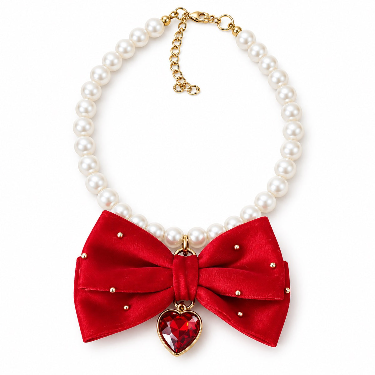 Satin Heart Pearl Necklace - Red Heart Bow