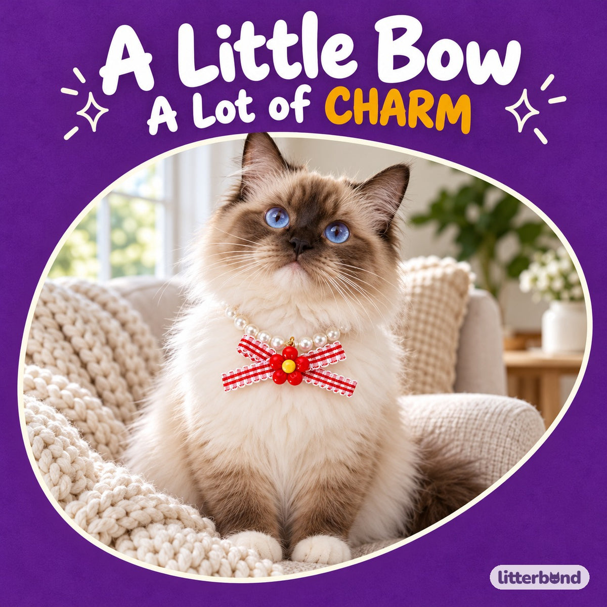 Gingham Flower Pearl Necklace on a cat