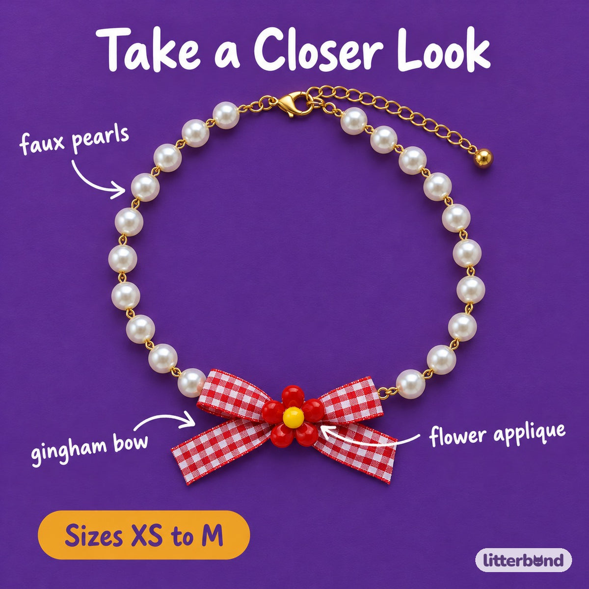 Gingham Flower Pearl Necklace - close-up details