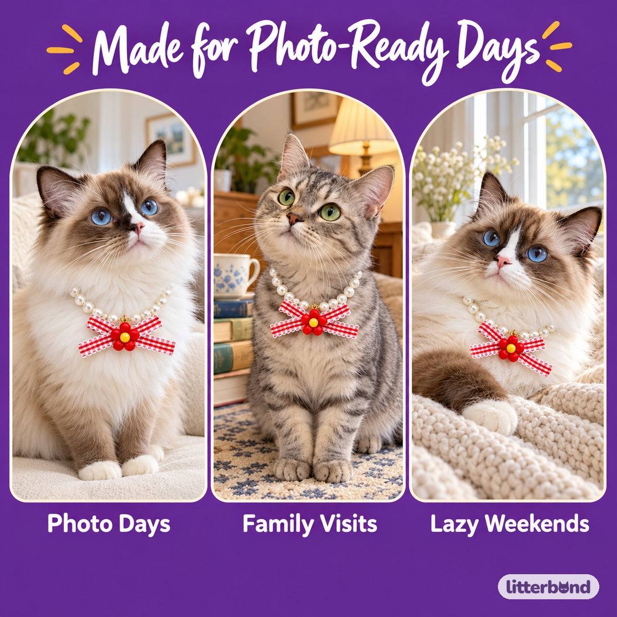 Gingham Flower Pearl Necklace on a cat at home