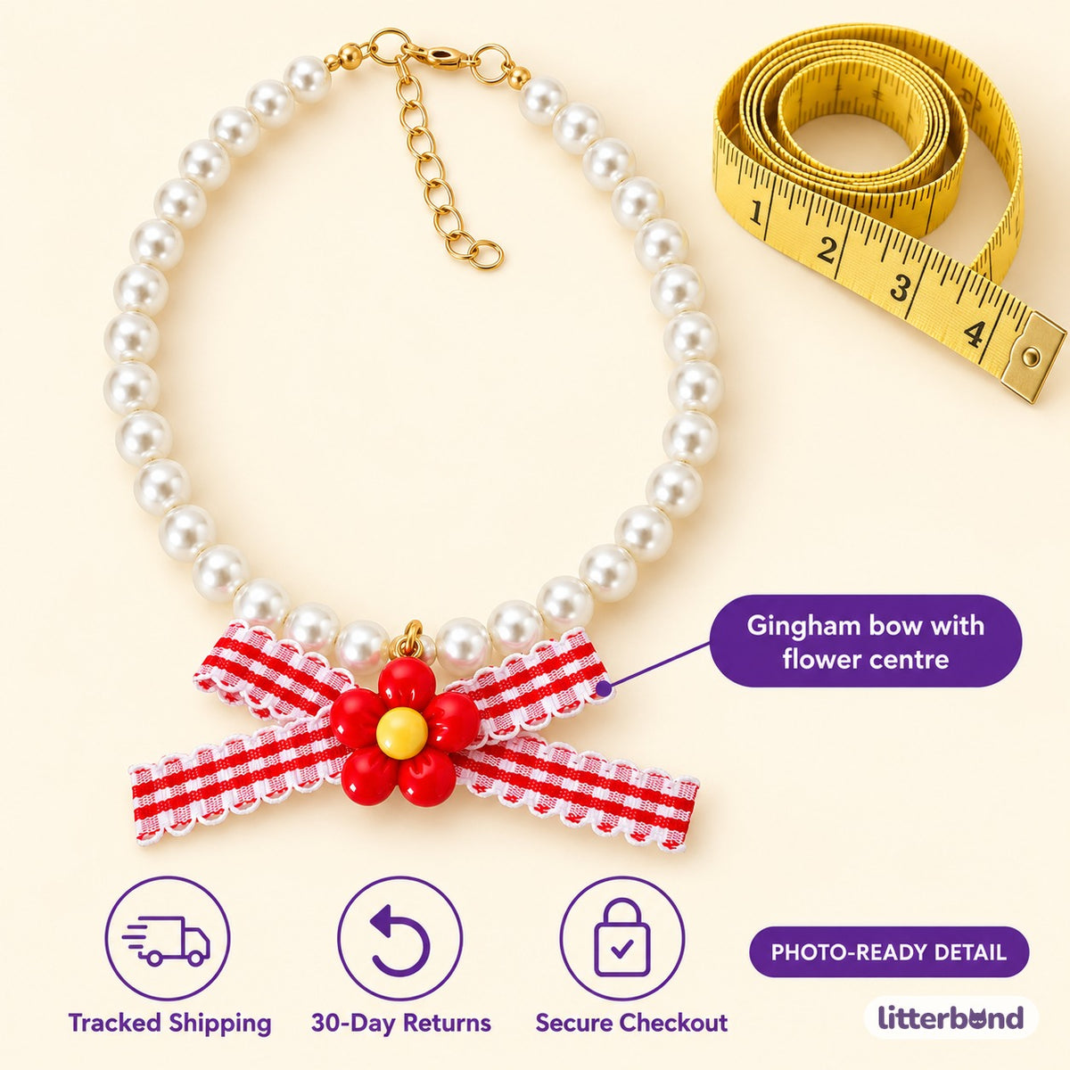Gingham Flower Pearl Necklace - size and details