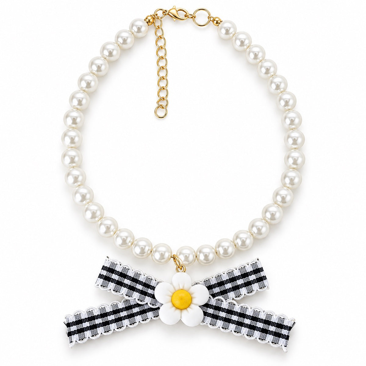 Gingham Flower Pearl Necklace - Black Gingham Flower