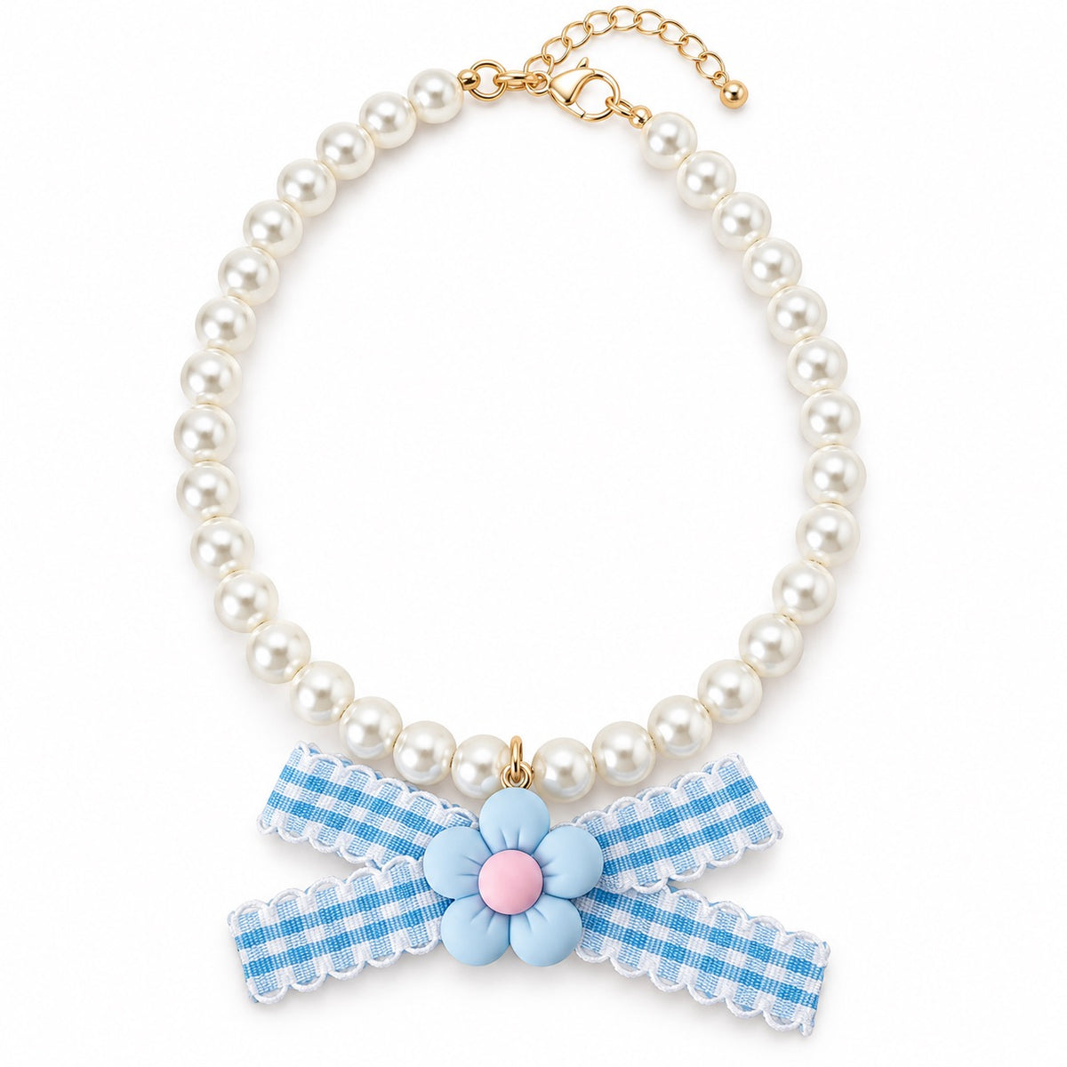 Gingham Flower Pearl Necklace - Blue Gingham Flower