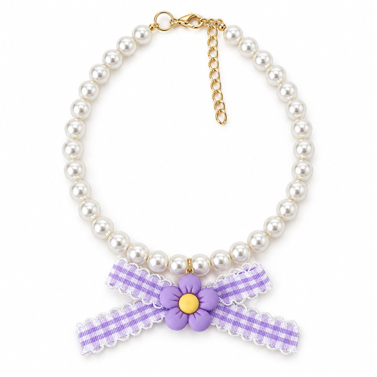 Gingham Flower Pearl Necklace - Lilac Gingham Flower