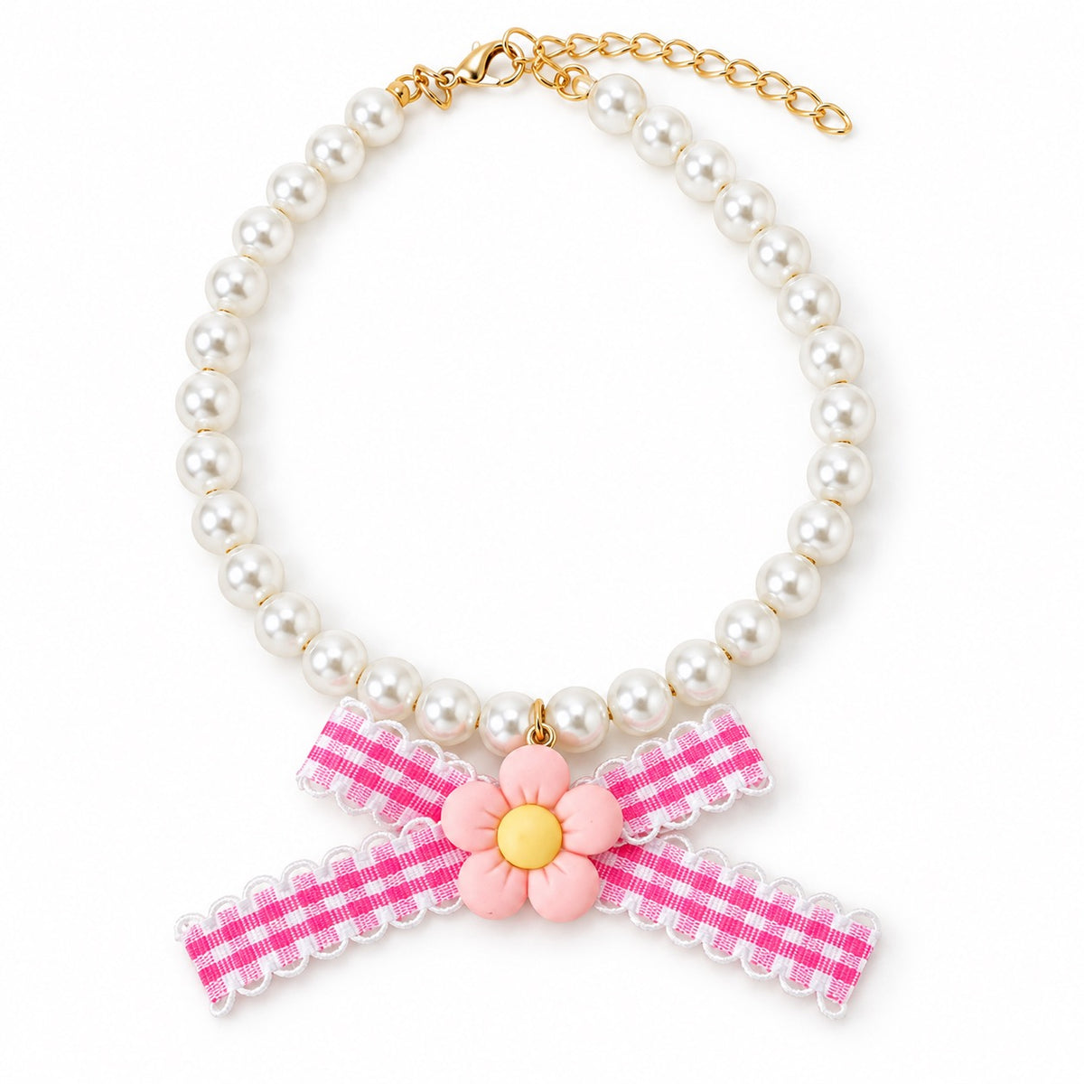 Gingham Flower Pearl Necklace - Pink Gingham Flower