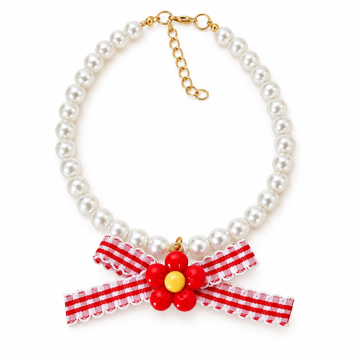 Gingham Flower Pearl Necklace - Red Gingham Flower