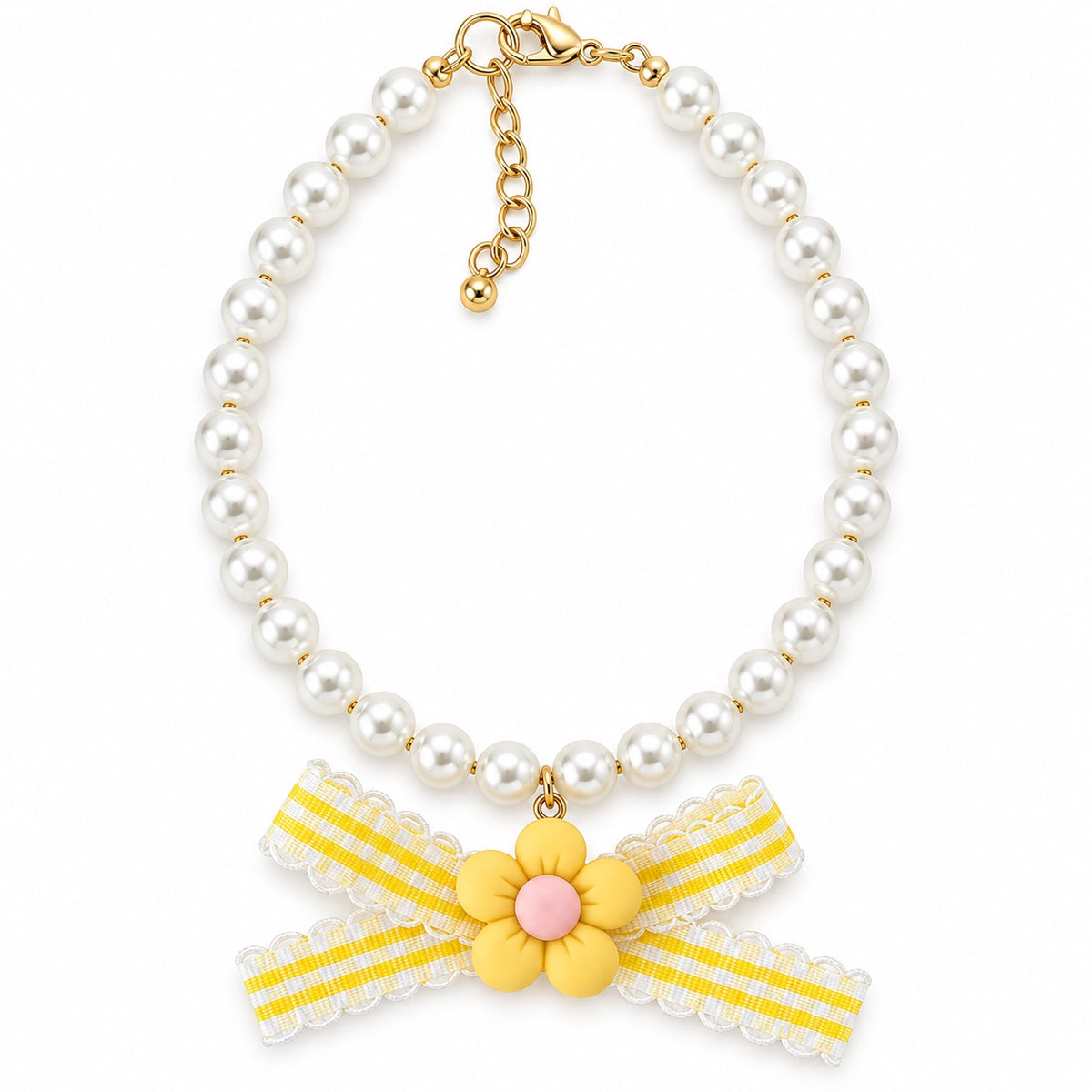 Gingham Flower Pearl Necklace - Yellow Gingham Flower
