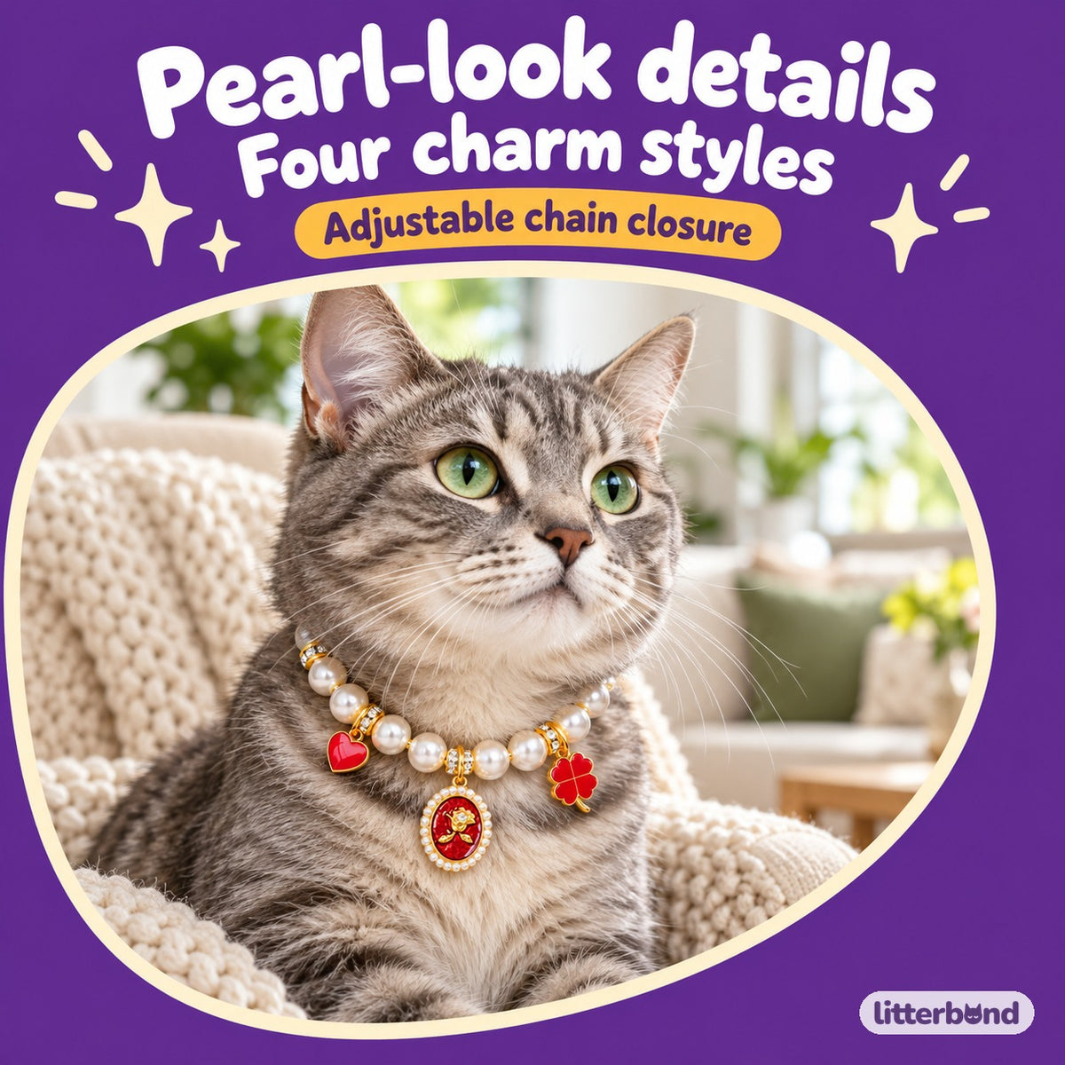 Rose Charm Pearl Necklace for Photos on a cat