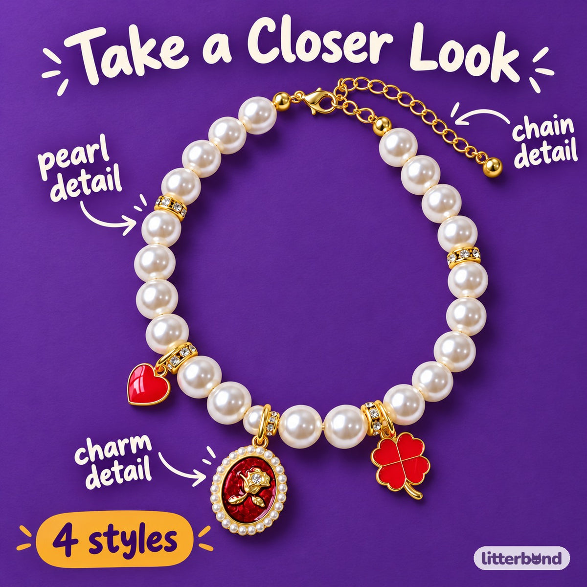 Rose Charm Pearl Necklace for Photos - close-up details