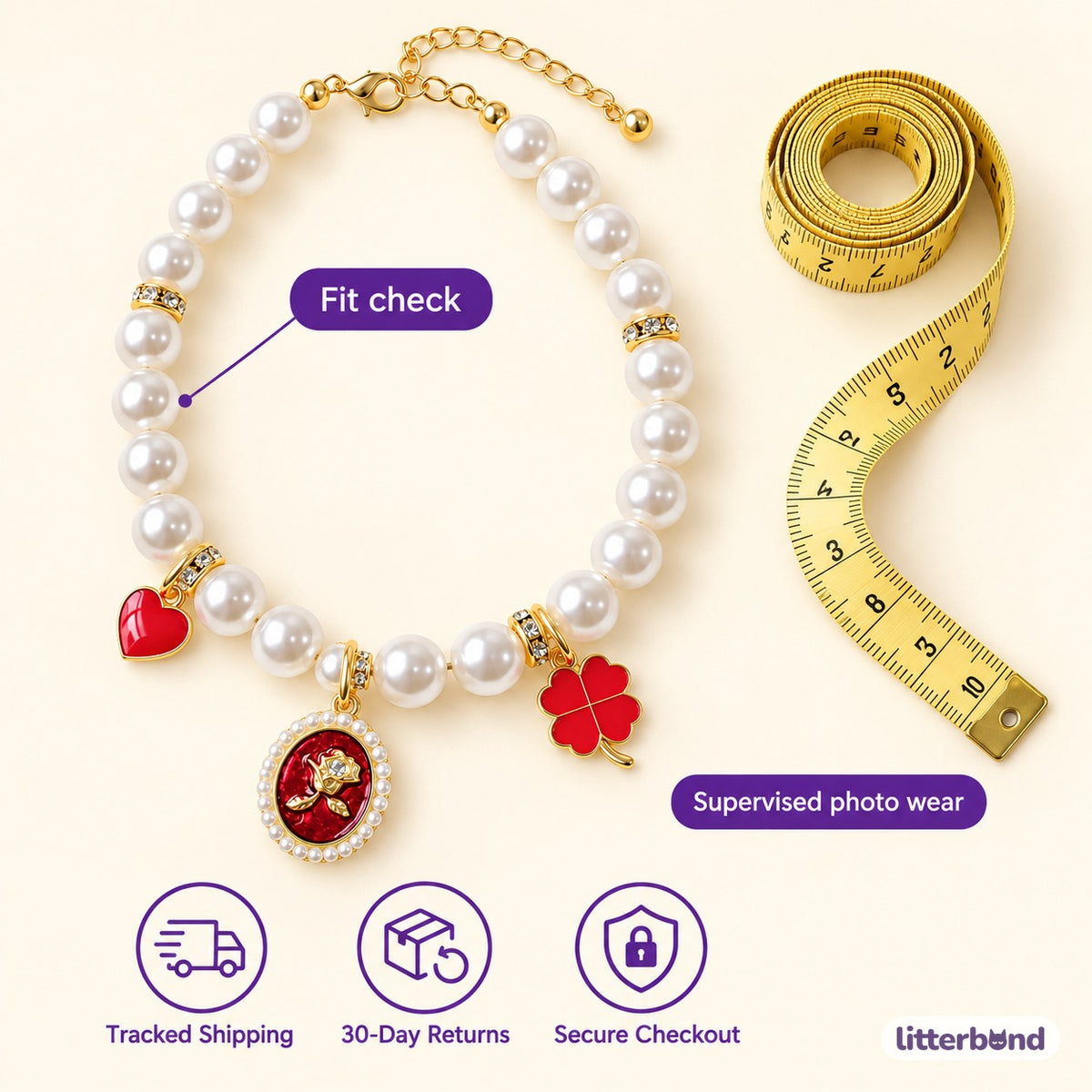 Rose Charm Pearl Necklace for Photos - size and details