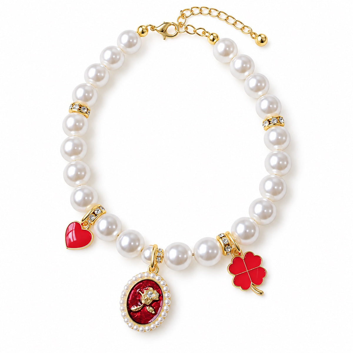 Rose Charm Pearl Necklace for Photos - Red Rose Pearl
