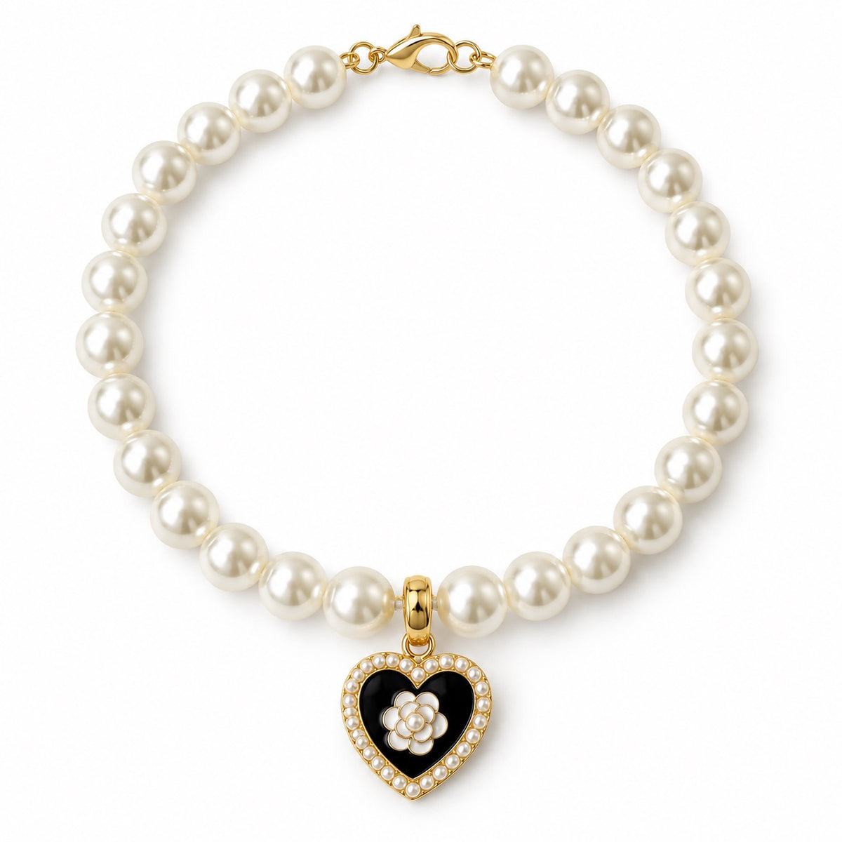 Crystal Pendant Pearl Necklace - Black Heart