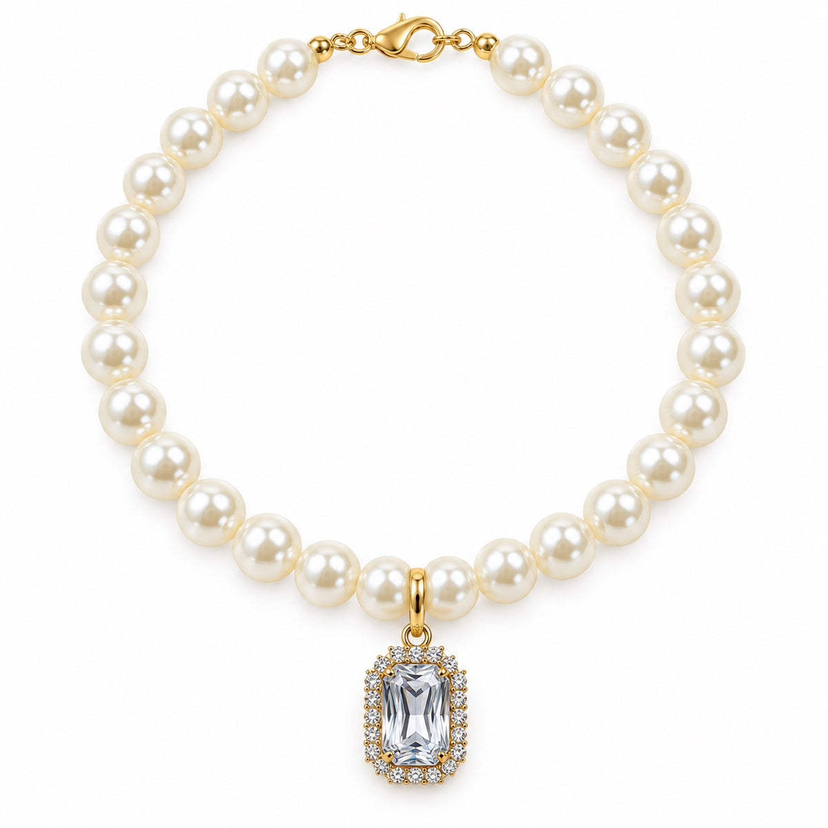 Crystal Pendant Pearl Necklace - Clear Square
