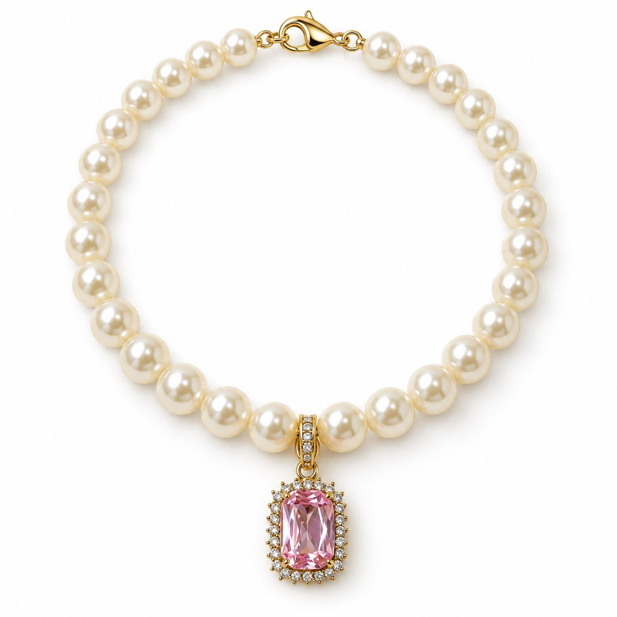 Crystal Pendant Pearl Necklace - Pink Square