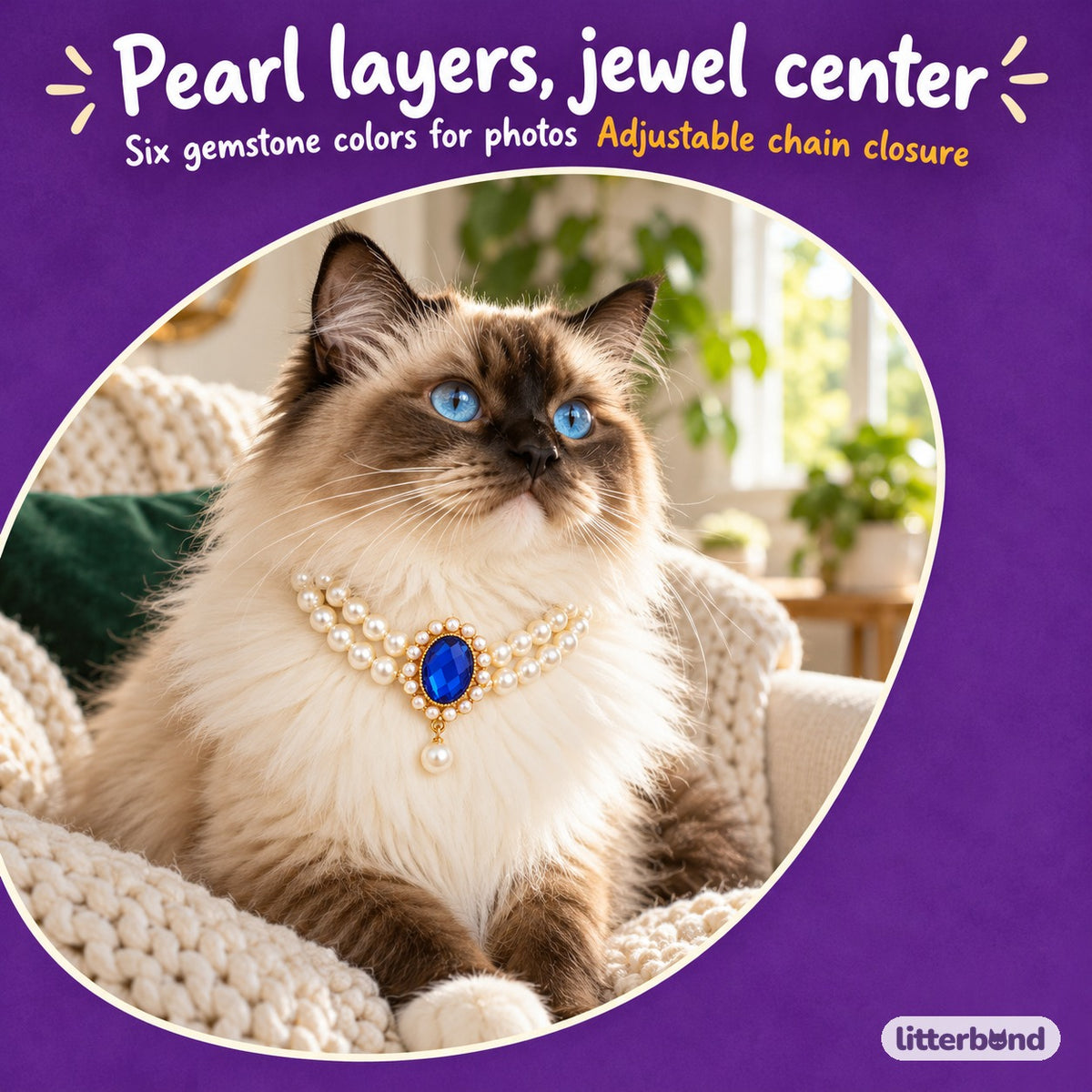 Gemstone Double-Pearl Photo Necklace on a cat