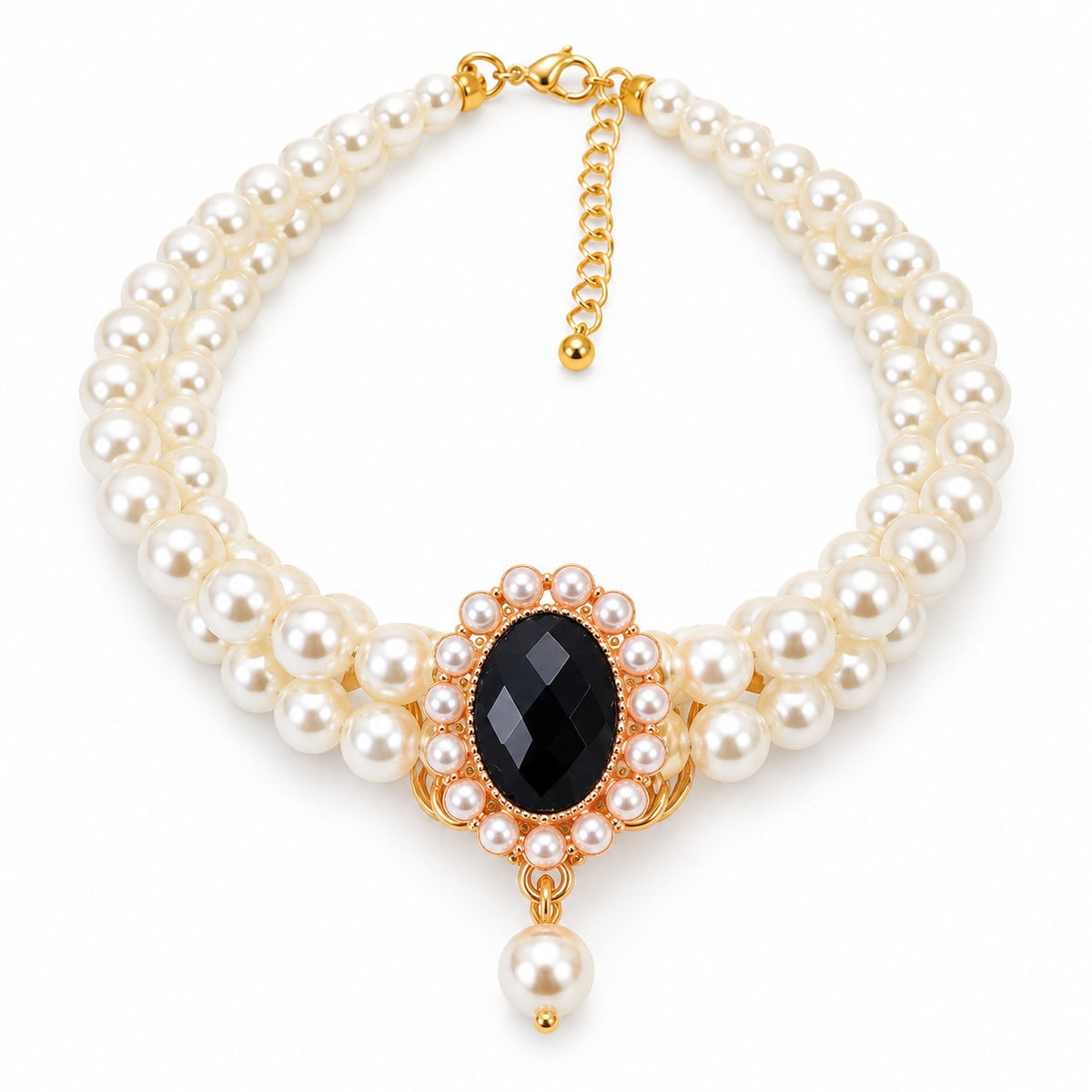 Gemstone Double-Pearl Photo Necklace - Black Gemstone