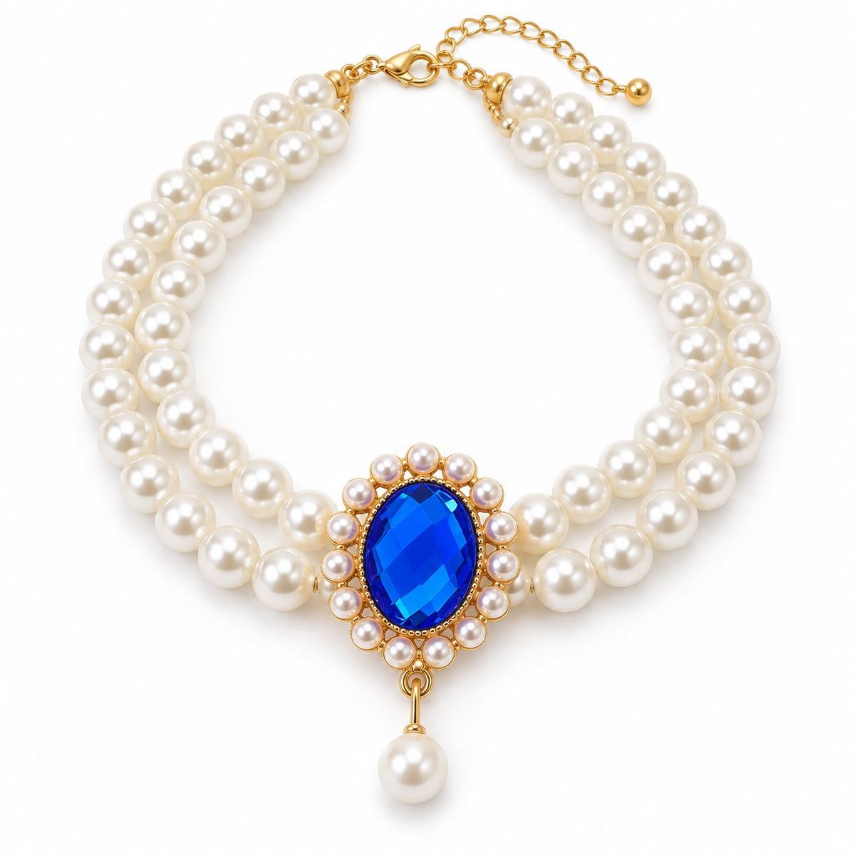 Gemstone Double-Pearl Photo Necklace - Blue Gemstone