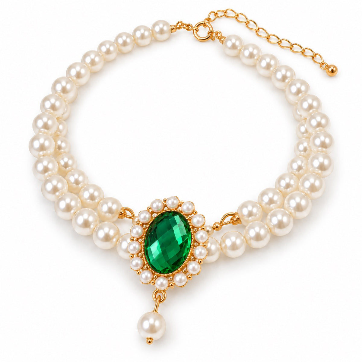 Gemstone Double-Pearl Photo Necklace - Green Gemstone