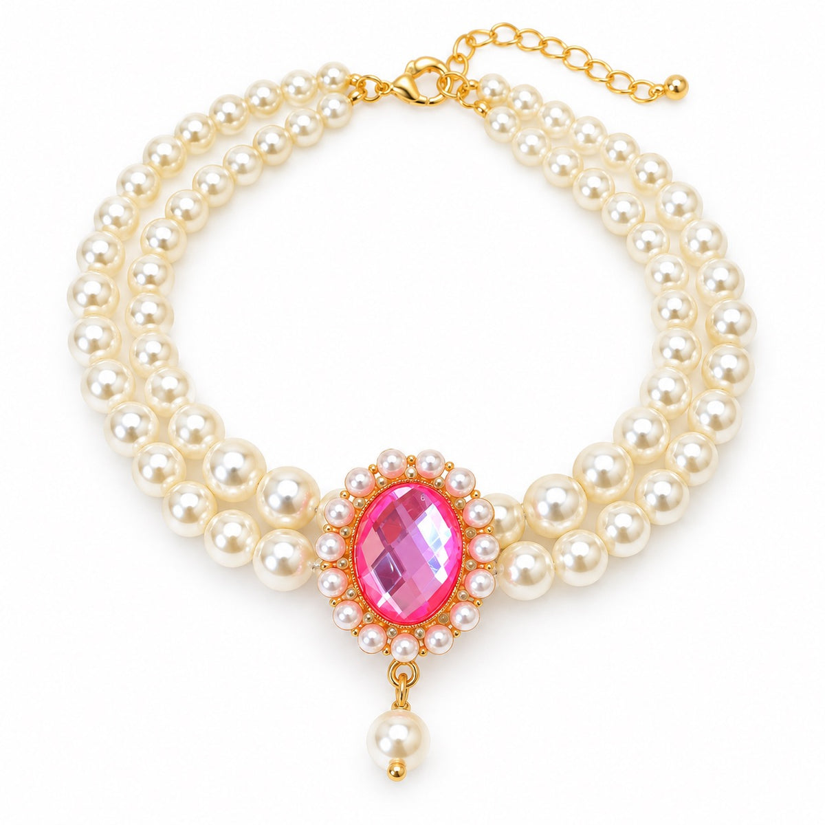 Gemstone Double-Pearl Photo Necklace - Pink Gemstone