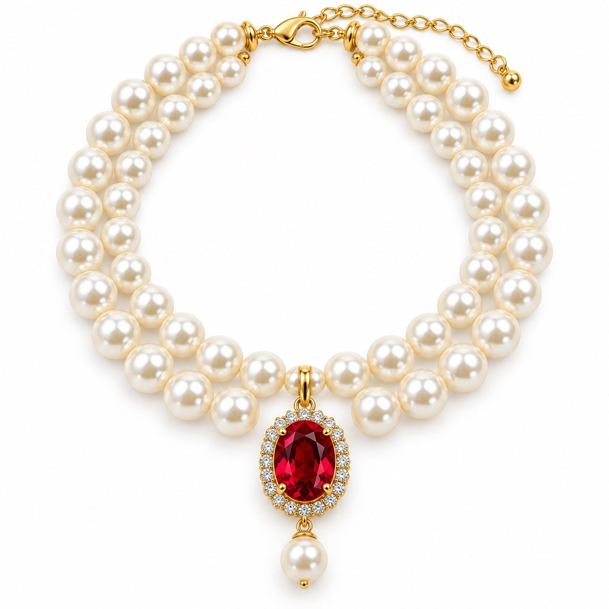 Gemstone Double-Pearl Photo Necklace - Red Gemstone