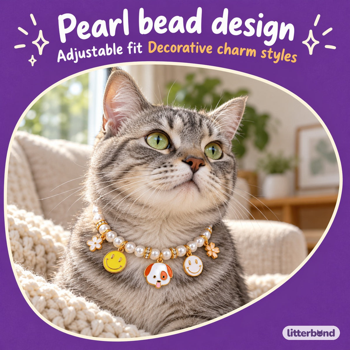 Pearl Charm Photo Collar on a cat