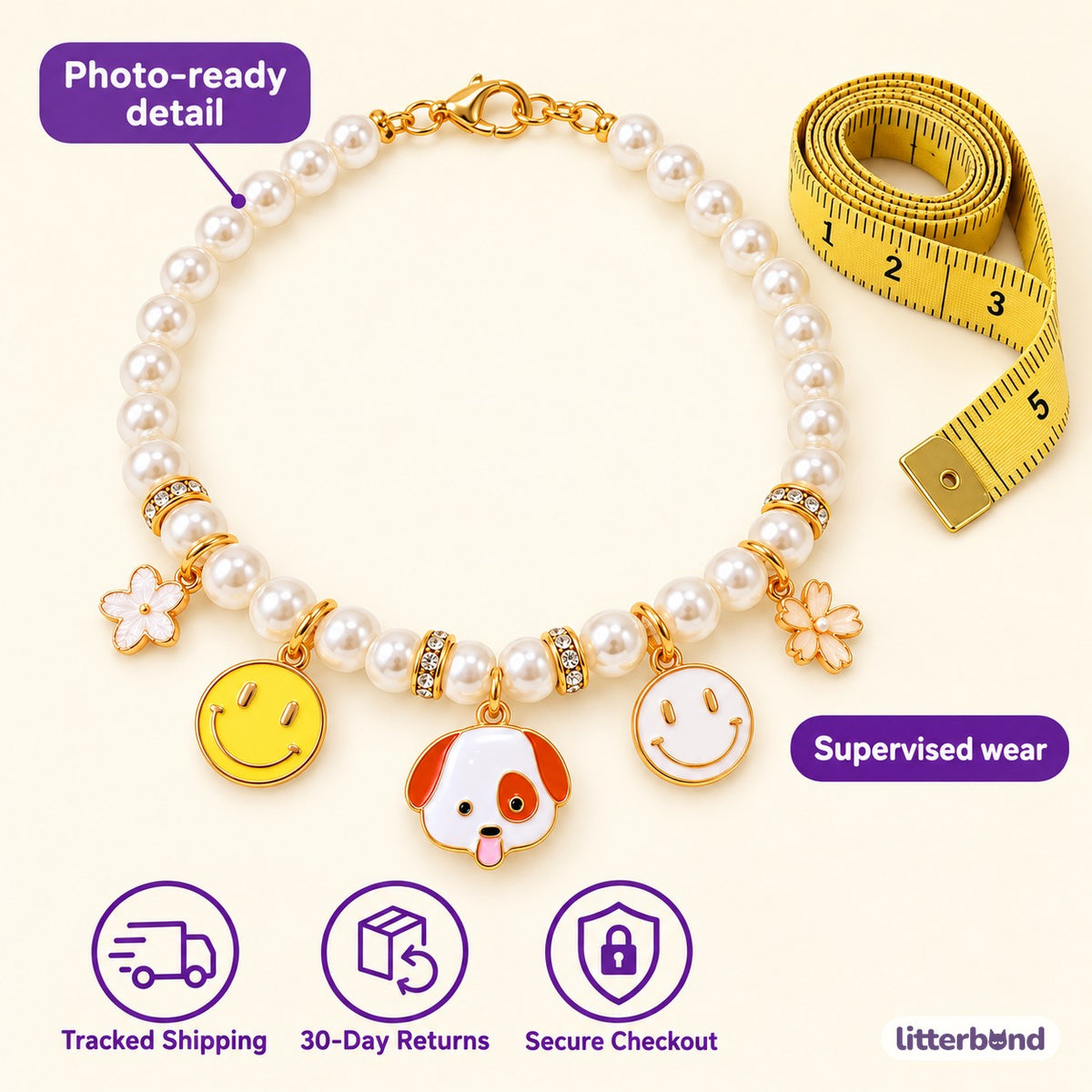 Pearl Charm Photo Collar - size and details