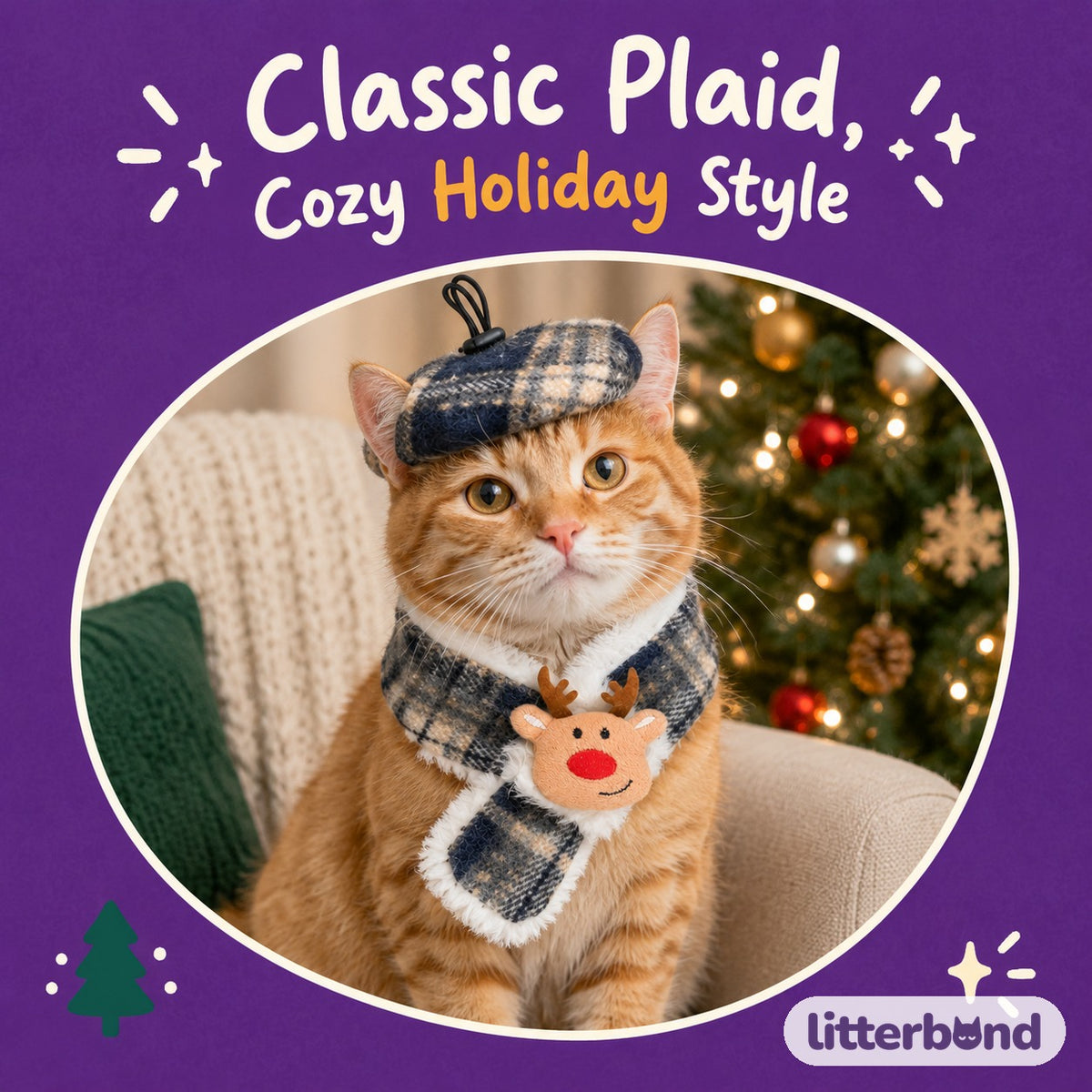 Plaid Christmas Beret & Scarf Set on a cat