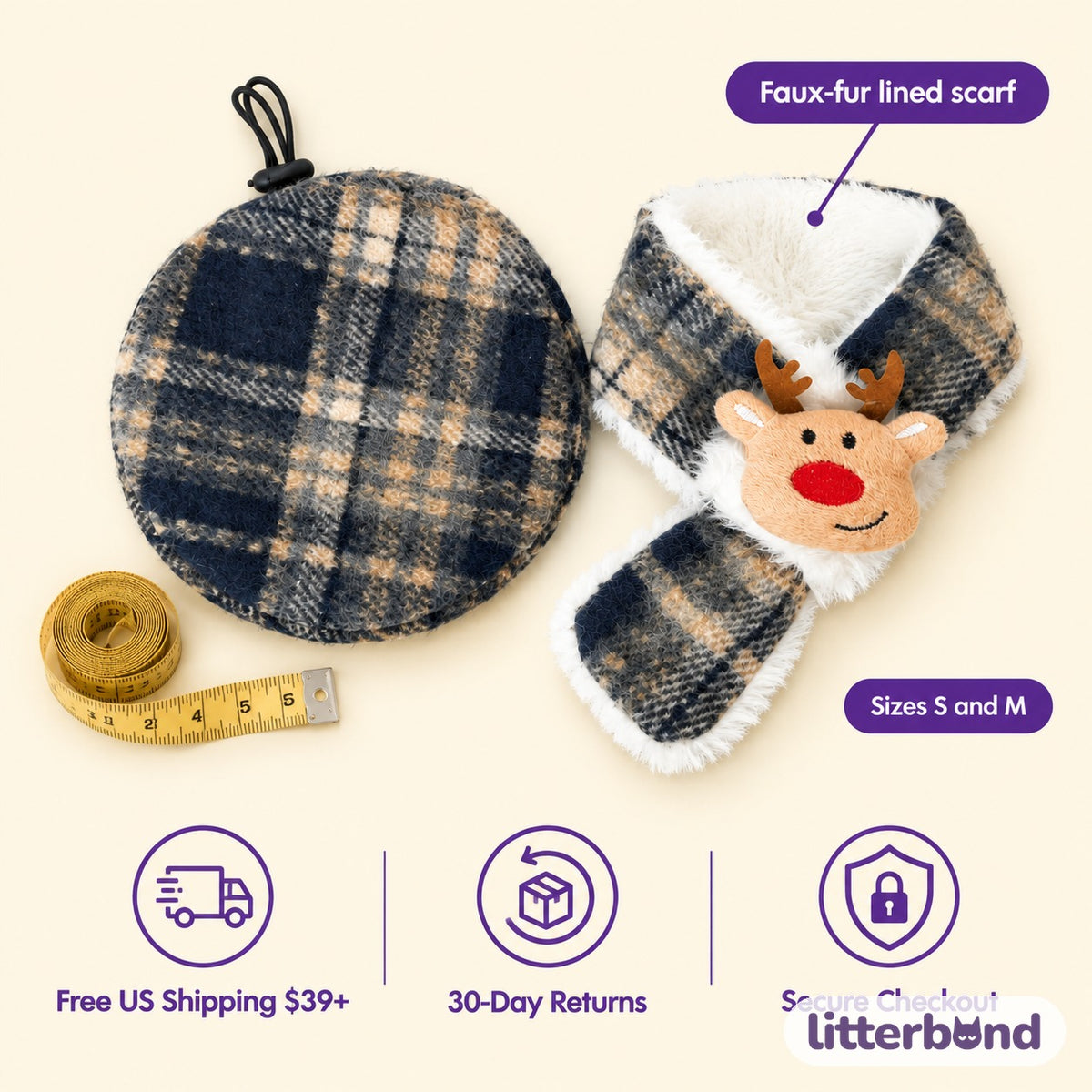Plaid Christmas Beret & Scarf Set size guide