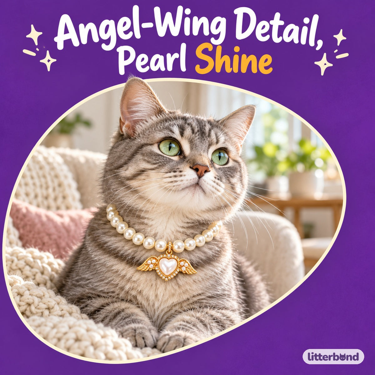 Jeweled Angel Wing Pearl Necklace on a cat